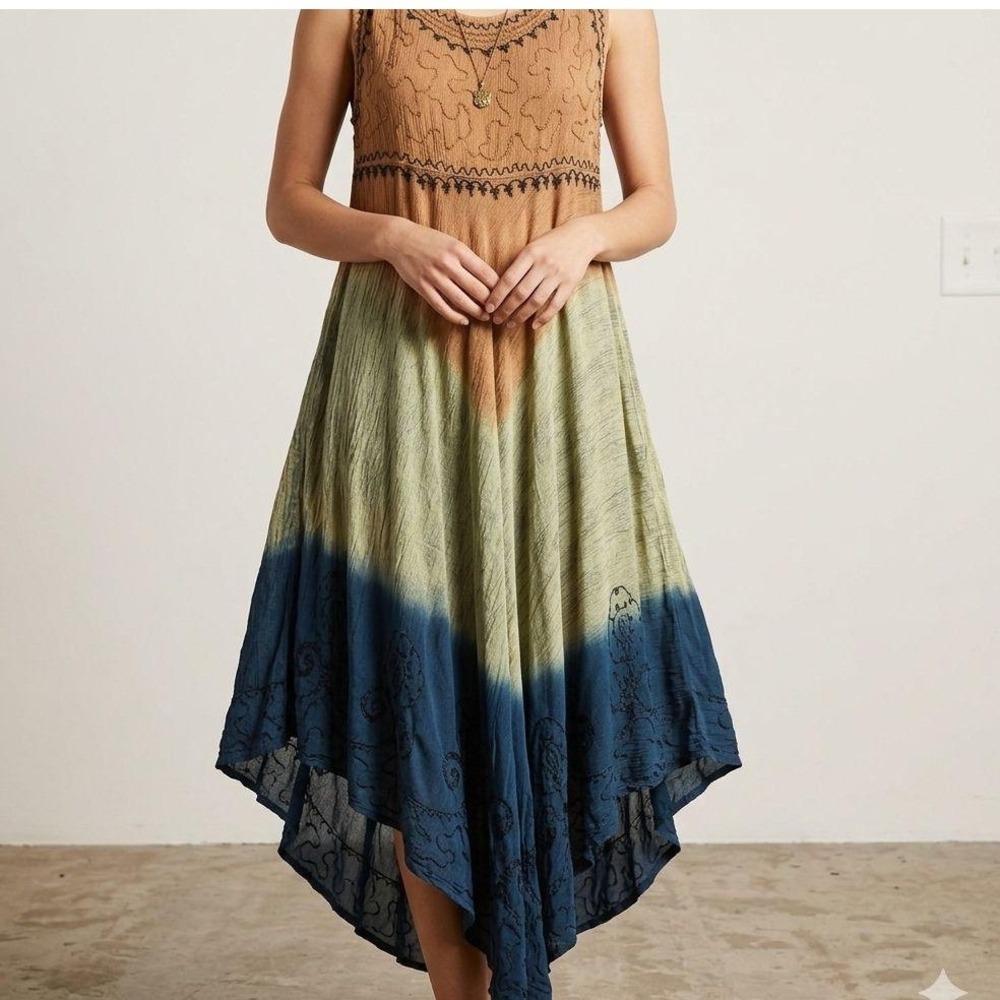 Shoreline Boho Embroidered Ombre Midi Dress Brown Blue Beach Hawaii Free Size